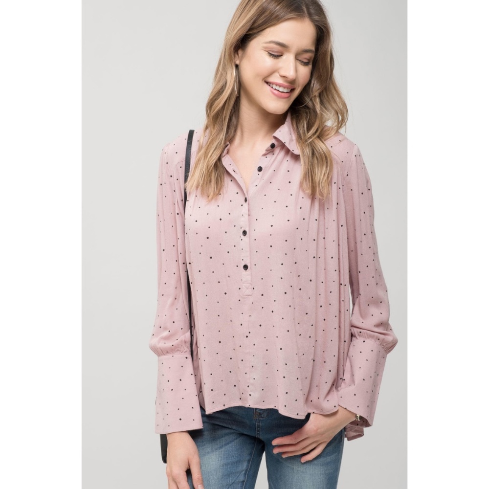 Collared Polka Dot Top with Button Detail Mauve - Picture 6 of 6